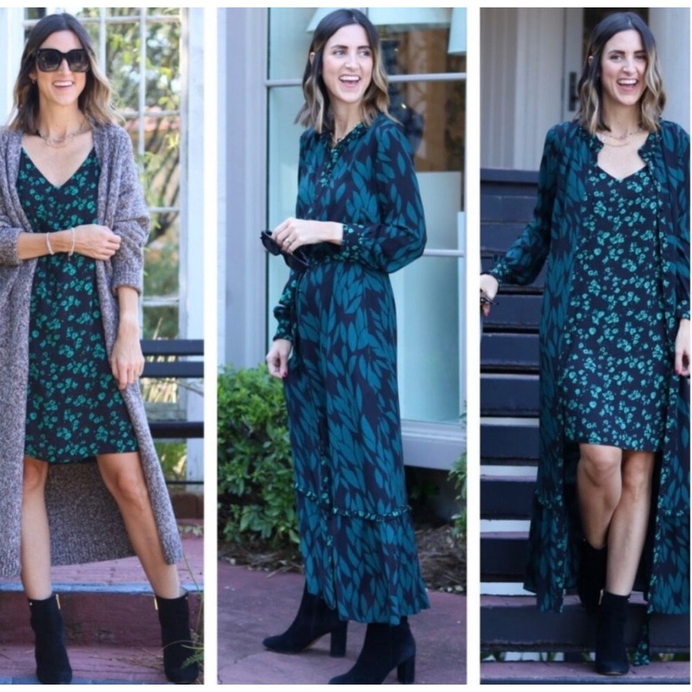 Cabi Autumn Dress 4017 Women Black Teal Leaf Floral Duster Maxi & Slip Set M